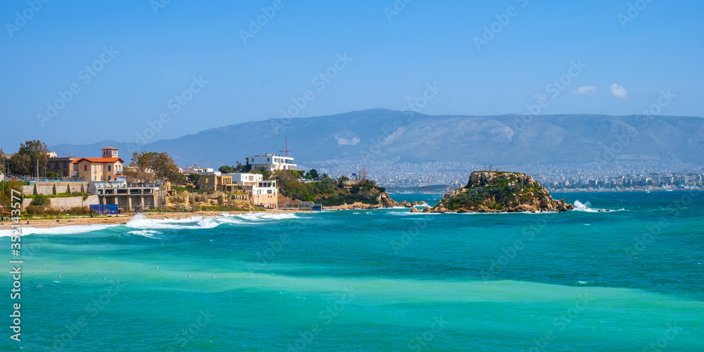 Panoramic view of Piraeus port city touristic quarter at the Saronic Gulf of Aegean sea in broad metropolitan Athens area in Greece