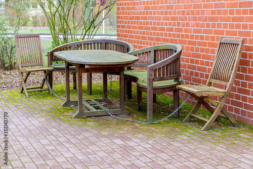 An outdoor wooden seating area.