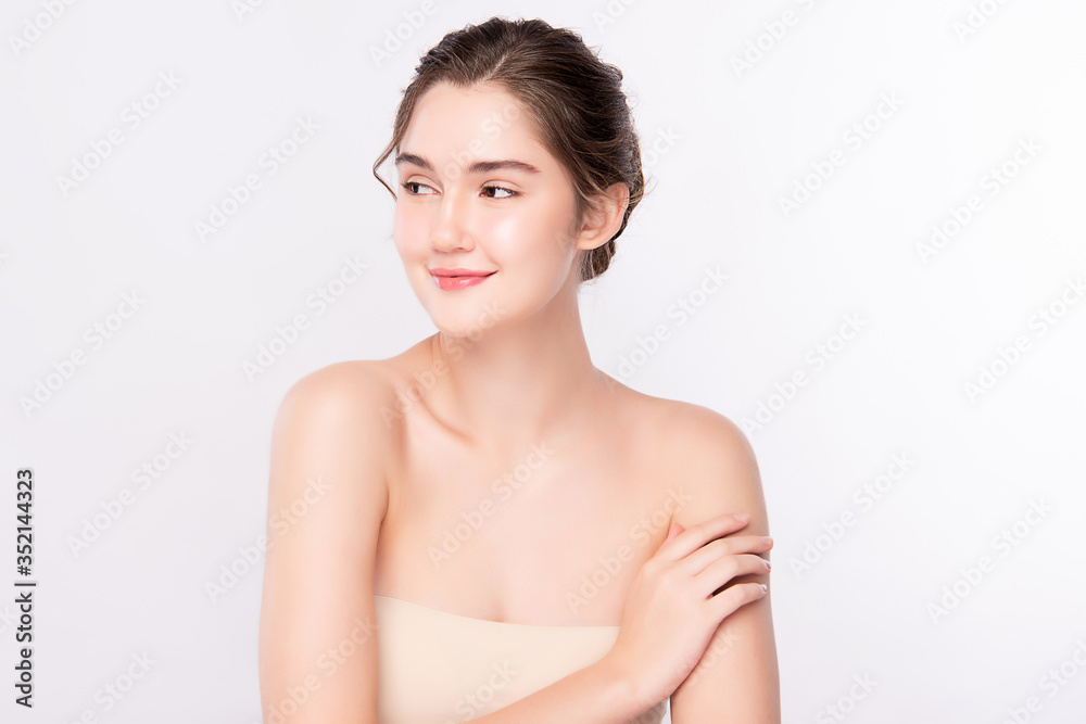 Beautiful Young Woman touching her body with fresh Healthy Skin, isolated on white background, Beauty Cosmetics and Facial treatment Concept Beautiful Young Woman touching her body with fresh Healthy Skin, isolated on white background, Beauty Cosmetics and Facial treatment Concept