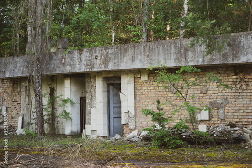 Chernobyl, Ukraine  Chernobyl exclusion zone. Ruins of abandoned places. Zone of high radioactivity. Ruins of buildings. 