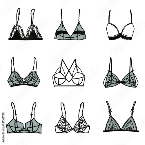 Set with different types of underwear. Bra. Balcony, bralette, classic, triangle. Lingerie. Simple vector illustration.