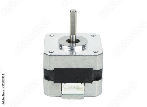Electrical stepping or stepper motor isolated on white background with clipping path. NEMA standard flange motor for driving axes of CNC machines.
