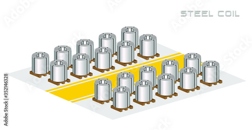 Rolled steel coil, steel, strap storage in factory warehouse with yellow safety walkway, Isolated vector