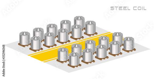 Rolled steel coil, steel, strap storage in factory warehouse with yellow safety walkway