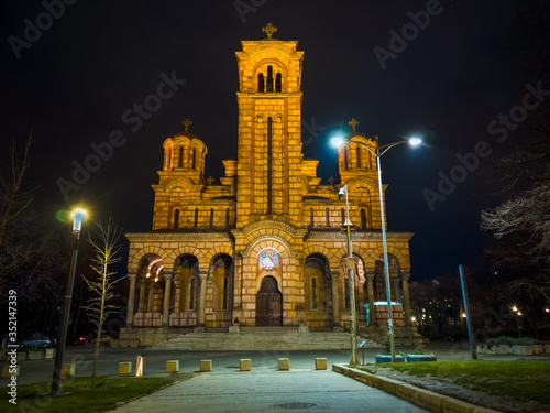 Exterior of the Saint Mark's Church (Crkva Svetog Marka), a Serbian Orthodox church located in the Tasmajdan park, built in 1940 in the Serbo-Byzantine style, at night.