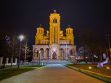 Exterior of the Saint Mark's Church (Crkva Svetog Marka), a Serbian Orthodox church located in the Tasmajdan park, built in 1940 in the Serbo-Byzantine style, at night.