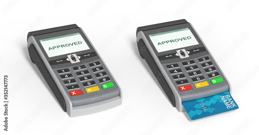 POS payment terminal with a generic plastic card inside and a screen with a writing APPROVED on it. Checkout equipment. Money transactions. In-store terminal. Isolated on white background 3d rendering POS payment terminal with a generic plastic card inside and a screen with a writing APPROVED on it. Checkout equipment. Money transactions. In-store terminal. Isolated on white background 3d rendering