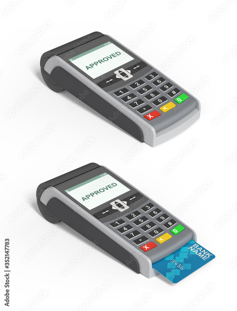 POS payment terminal with a generic plastic card inside and a screen with a writing APPROVED on it. Checkout equipment. Money transactions. In-store terminal. Isolated on white background 3d rendering POS payment terminal with a generic plastic card inside and a screen with a writing APPROVED on it. Checkout equipment. Money transactions. In-store terminal. Isolated on white background 3d rendering