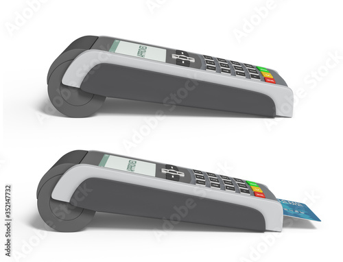 POS payment terminal with a generic plastic card inside and a screen with a writing APPROVED on it. Checkout equipment. Money transactions. In-store terminal. Isolated on white background 3d rendering