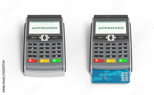 POS payment terminal with a generic plastic card inside and a screen with a writing APPROVED on it. Checkout equipment. Money transactions. In-store terminal. Isolated on white background 3d rendering