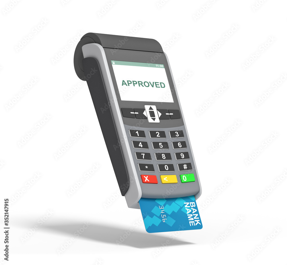 POS payment terminal with a generic plastic card inside and a screen with a writing APPROVED on it. Checkout equipment. Money transactions. In-store terminal. Isolated on white background 3d rendering POS payment terminal with a generic plastic card inside and a screen with a writing APPROVED on it. Checkout equipment. Money transactions. In-store terminal. Isolated on white background 3d rendering