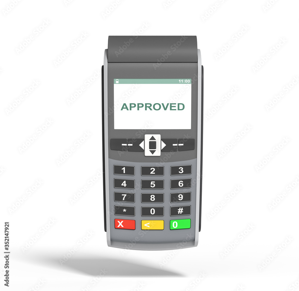 POS payment terminal and a screen with awriting APPROVED on it. Checkout equipment. Plastic cards accepted. Money transactions. Revenue. In-store terminal. Isolated on white background. 3d rendering. POS payment terminal and a screen with awriting APPROVED on it. Checkout equipment. Plastic cards accepted. Money transactions. Revenue. In-store terminal. Isolated on white background. 3d rendering.