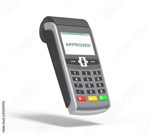 POS payment terminal and a screen with awriting APPROVED on it. Checkout equipment. Plastic cards accepted. Money transactions. Revenue. In-store terminal. Isolated on white background. 3d rendering.