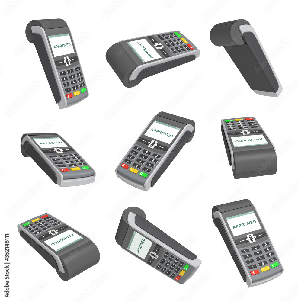 POS payment terminal and a screen with awriting APPROVED on it. Checkout equipment. Money transactions. Isolated on white background. 3d rendering POS payment terminal and a screen with awriting APPROVED on it. Checkout equipment. Money transactions. Isolated on white background. 3d rendering