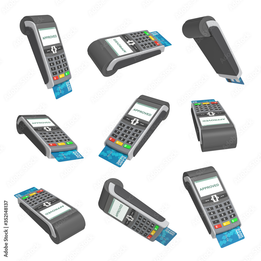 POS payment terminal with a generic plastic card inside and a screen with awriting APPROVED on it. Checkout equipment. Money transactions. Isolated on white background. 3d rendering POS payment terminal with a generic plastic card inside and a screen with awriting APPROVED on it. Checkout equipment. Money transactions. Isolated on white background. 3d rendering
