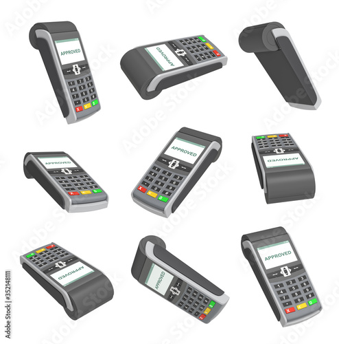 POS payment terminal and a screen with awriting APPROVED on it. Checkout equipment.  Money transactions. Isolated on white background. 3d rendering