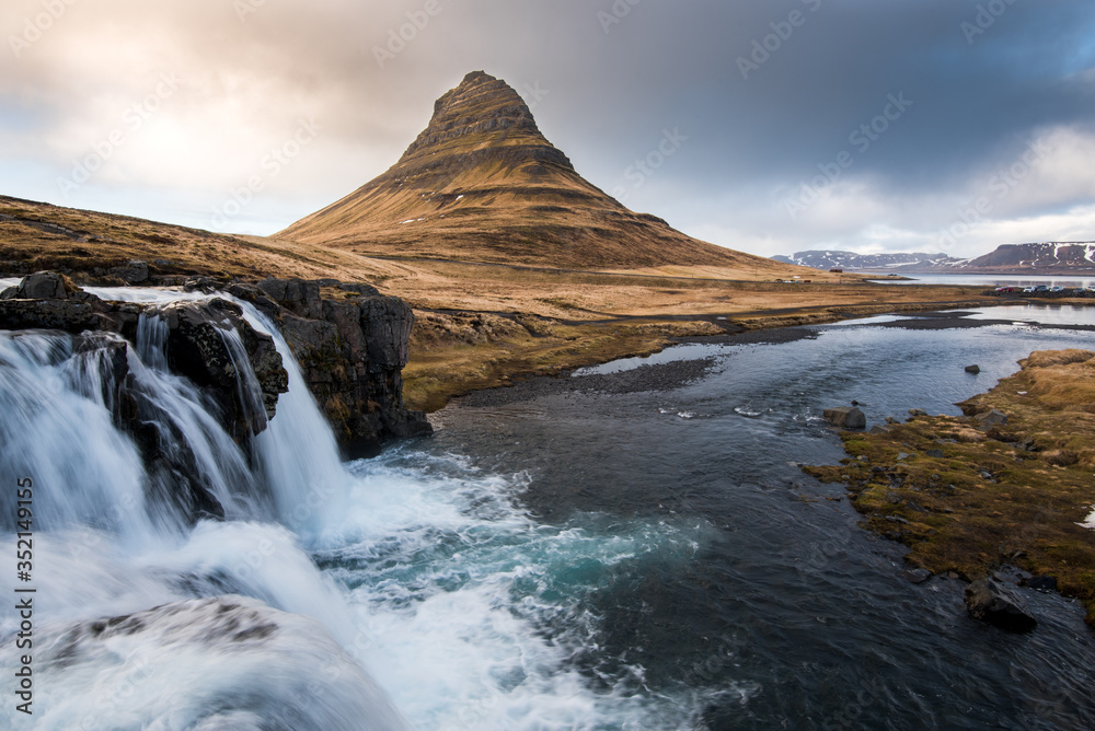 Kirkjufell mountain and the kirkjufellfoss waterfall in Iceland