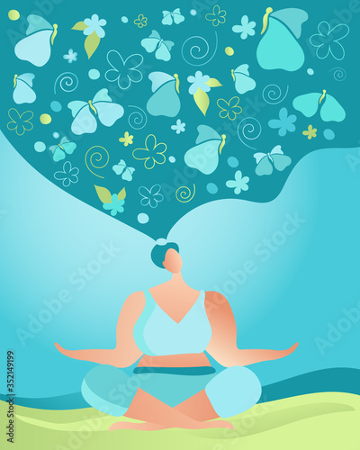 Woman sitting on the grass in yoga position. Relaxing and brreathing, thinking of nice things. Abstract illustration. Vector design.
