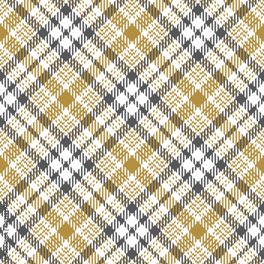 Glen pattern for textile print. Seamless check plaid tartan background in gold, grey, and white for jacket, coat, skirt, or other spring, summer, and autumn tweed fashion textile design.