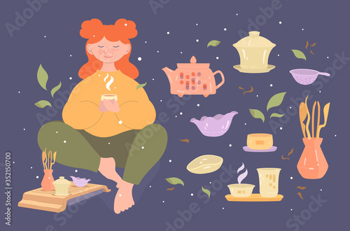 Happy young woman drinks tea for wellness sitting home. Chinese Gongfu tea ceremony, Isolated elements set. Selfcare tea therapy. China traditional utensil like Gaiwan, Chahai. Leisure and rest vector