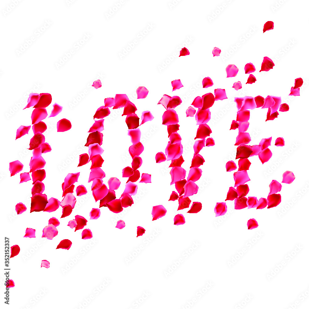 Vector set : word love made from red and pink rose petals and it flying around. Tender or passion romantic decor for wedding, saint valentines day card, poster, invitation, print Vector set : word love made from red and pink rose petals and it flying around. Tender or passion romantic decor for wedding, saint valentines day card, poster, invitation, print