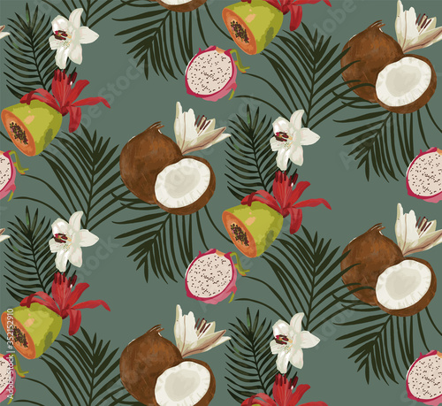 Vector seamless pattern background with tropical foliage and coconuts.