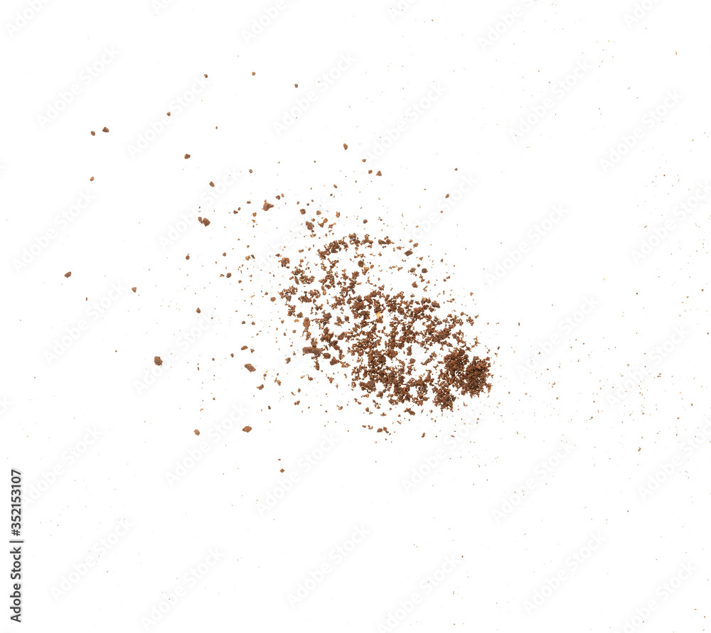 Coffee bean splash broken craked crushed isolated on white background top view food object design