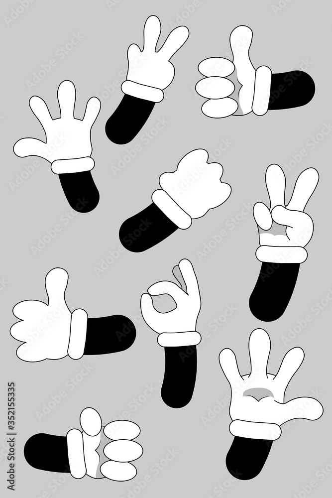 Fototapeta premium Cartoon hands. animated hands show different gestures. Cute leg in boots and gloved hand collection
