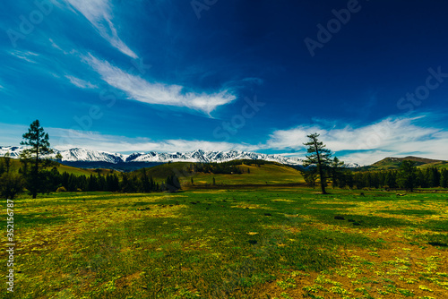 Snowy ridge. Altai mountains. Siberia. beautiful valley with green grass and mountains