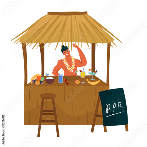 King Kamehameha Day. A nice vector flat postcard with a happy hawaiian barmen in a traditional hawaiian flower garland. Cute illustration with beach bar for the oldest holiday of the USA.