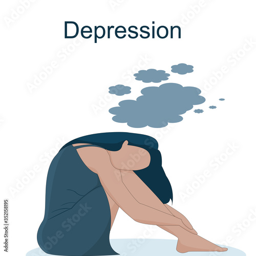 Cartoon lonely girl is depressed, sitting and hugging knees, the concept of supporting and caring for people under stress depression concept, flat vector illustration isolated on white background.