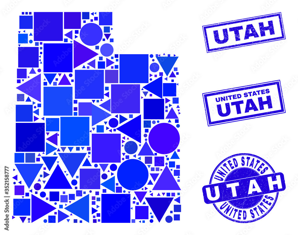 Vector mosaic Utah State map. Geographic collage in blue color tinges, and unclean round and rectangle seal stamps. Abstract mosaic of Utah State map done of round, triangles, square geometric items. Vector mosaic Utah State map. Geographic collage in blue color tinges, and unclean round and rectangle seal stamps. Abstract mosaic of Utah State map done of round, triangles, square geometric items.