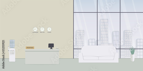 Administrator workplace in hotel or bank. Interior of a modern reception desk in the waiting room or lobby of business office with view of the downtown in large windows .Vector flat illustration