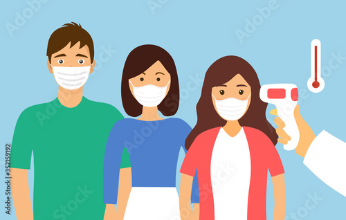 People are in queue for temperature scan. Measuring the temperature of people with digital infrared thermometer. Covid-19 coronavirus epidemic outbreak. Thermo scan checkpoint concept vector.