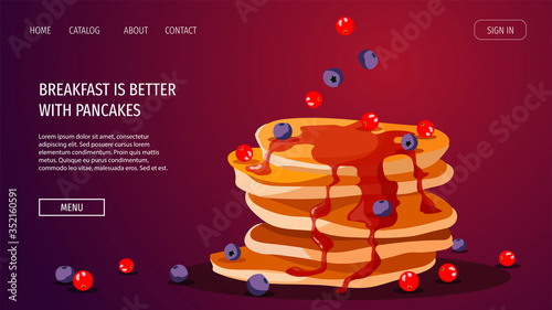 Website design for breakfast, cooking, recipes, dessert, cafe menu. Pancakes with berries and syrup. Vector illustration for poster, banner, flyer, cover, advertising, commercial.