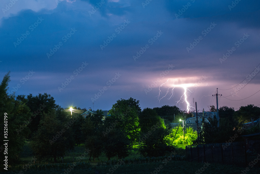 A thunderstorm goes to the village. Lightning hits the ground