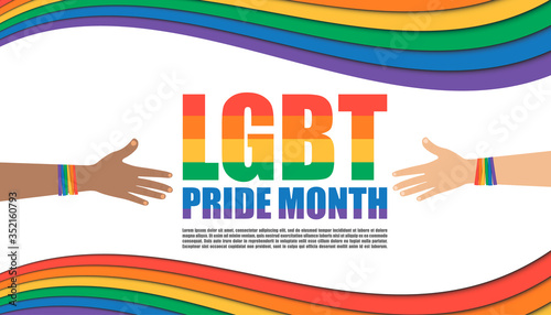 Bracelet on the hand in the colors of the LGBT movement. LGBT day poster, flyer, banner, business card, invitation. Vector Illustrator. LGBT pride month.