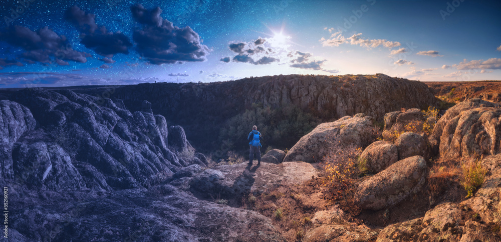 Hiker with a backpack at night between day and night