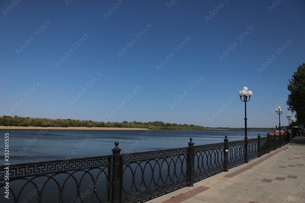 Blue sky over the Volga river in the city of Astrakhan. 