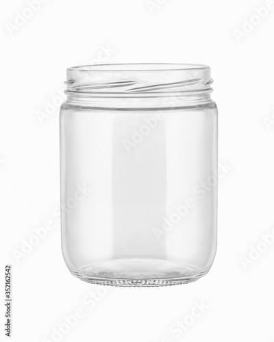 Empty glass jar without lid for food preservation. Taken from front view on white background with clipping path...
