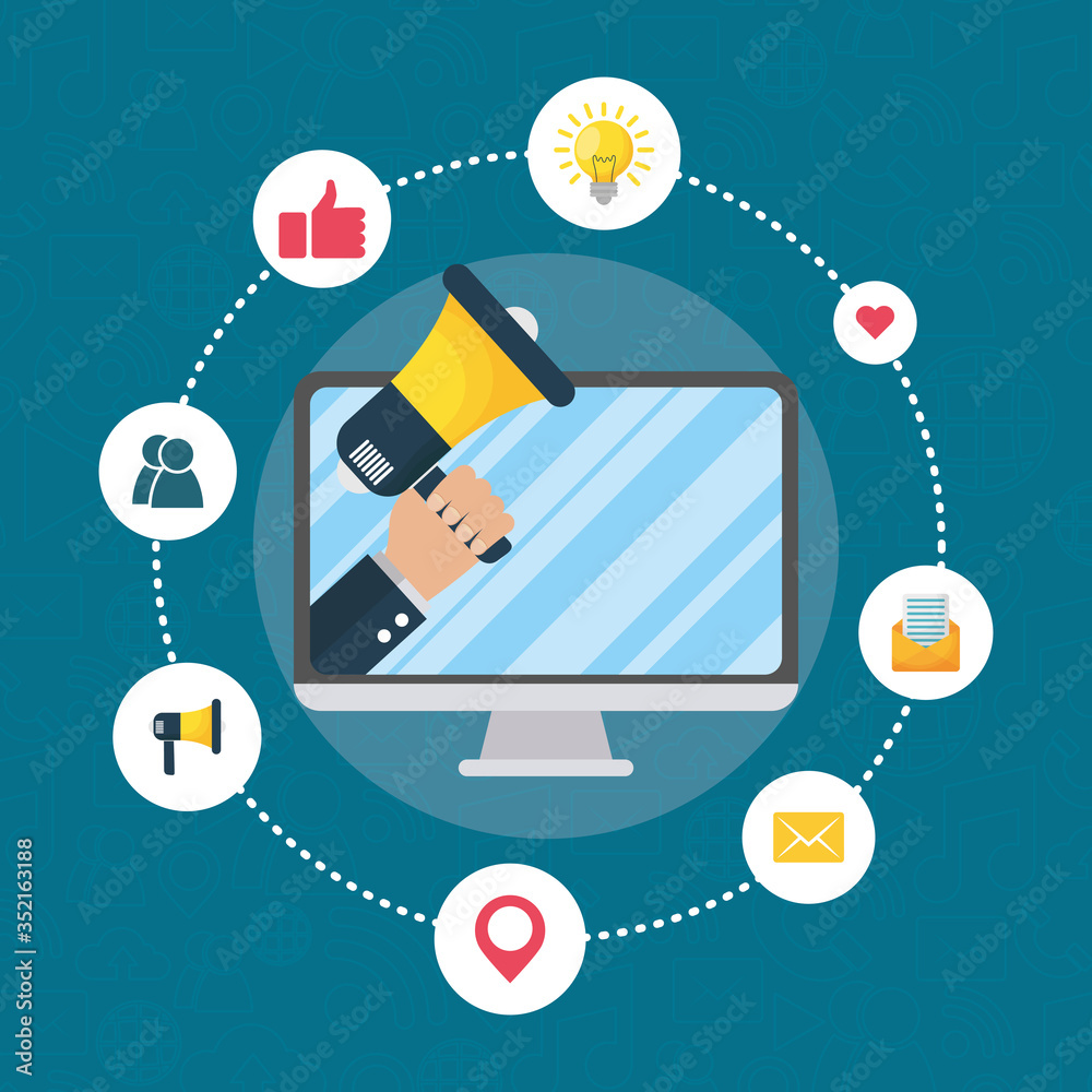 digital marketing tech with desktop and megaphone digital marketing tech with desktop and megaphone