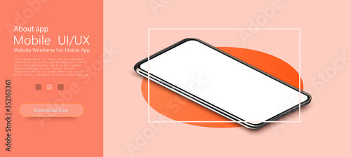 Modern frameless smartphone isolated on red background. Isometric view. Mockup generic device. Vector illustration