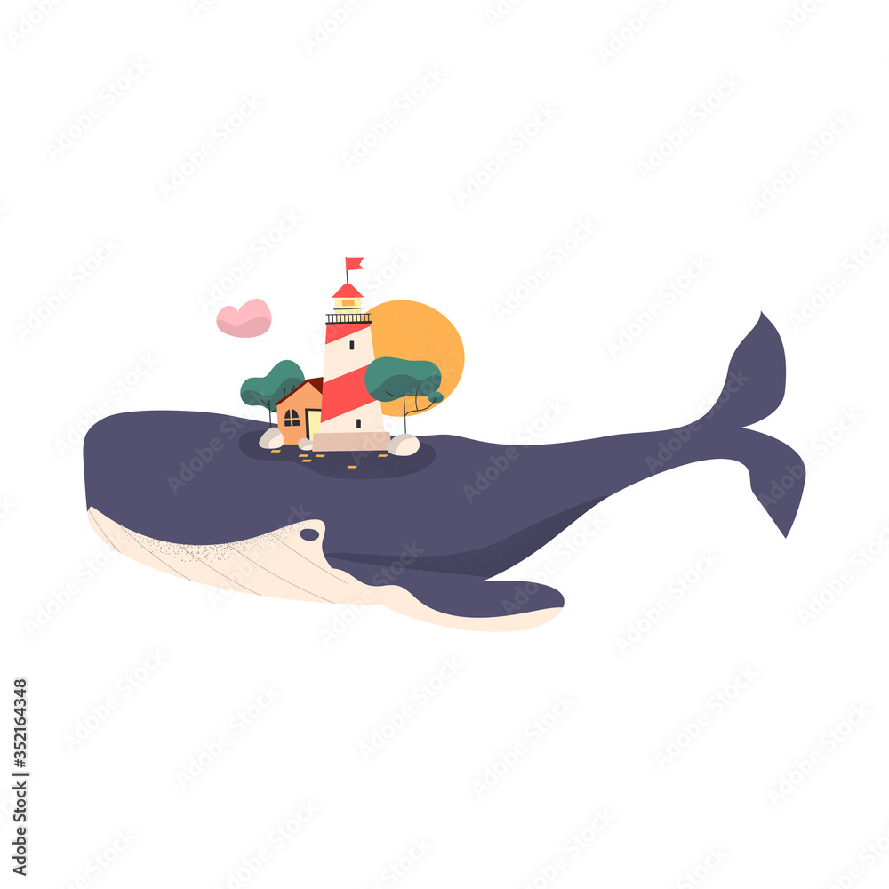 Cute cartoon whale with lighthouse on the back. Trendy vector illustration. All objects isolated. Cute cartoon whale with lighthouse on the back. Trendy vector illustration. All objects isolated.