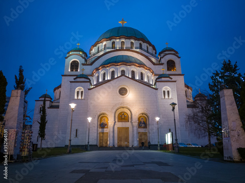 Church of Saint Sava or Saint Sava Temple (Hram Svetog Save) on the Vracar plateau in Belgrade, Serbia, at night. It is largest serbian orthodox temple and largest orthodox temple on balkan.