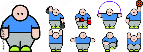 Ordinary average guy goes in for sports, wearing sweatpants, sneakers, and T-shirt, various poses and situations, clipart set on white background, editable vector illustration, for use as icon, patch,