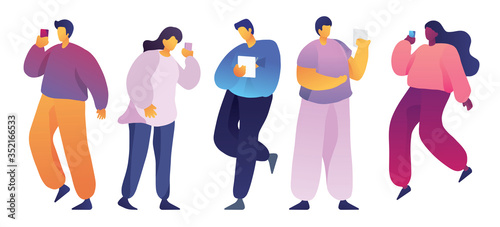 Men and women using smartphones vector illustrations set. Male and female characters holding electronic devices pack. Young students relaxing, spending time online, corporate workers standing