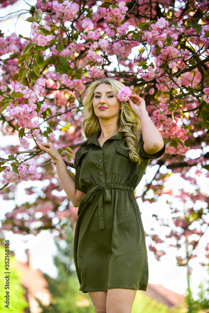 Hello summer. pink cherry tree flowers. floral aroma treatment. vintage and retro fashion. pure beauty female. carefree and happy woman. sexy girl enjoy sakura bloom. spring blossoming tree Hello summer. pink cherry tree flowers. floral aroma treatment. vintage and retro fashion. pure beauty female. carefree and happy woman. sexy girl enjoy sakura bloom. spring blossoming tree