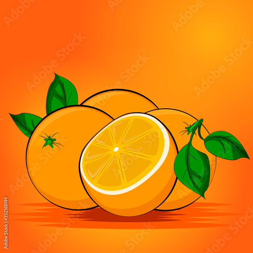 Juicy oranges. Four oranges and leaves.