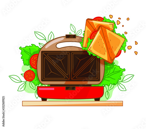 Bright vector illustration of a sandwich maker and sandwiches on a white isolated background. For banners and flyers.