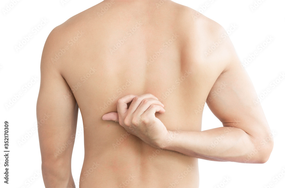 Closeup man hand scratching allergy rash on back skin, health care and medical concept Closeup man hand scratching allergy rash on back skin, health care and medical concept